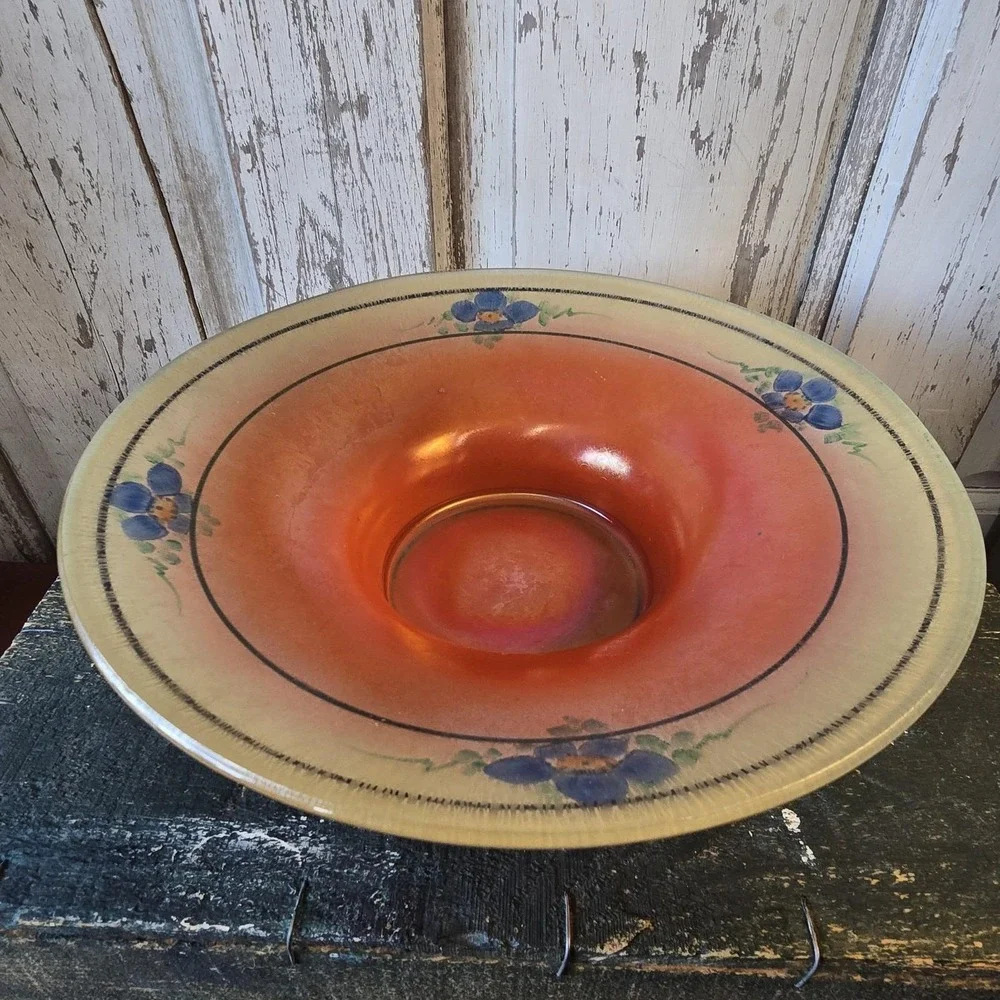Lancaster Stretch Glass Ruby Lustre‎ Orange Blue Flowers Bowl Compote